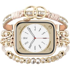 MOFREE Boho Band Compatible with Apple Watch Bands for Women 40mm 38mm 41mm 42mm Series 10 9 8 7 6 5 4 3 2 1 SE, Metal Chain Beaded Bracelet Wristband Replacement Women iWatch Series, Rose Gold