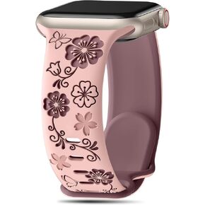 Floral Engraved Bands Compatible with Apple Watch Bands for Women 42mm 41mm 38mm 40mm 46mm 45mm 44mm 49mm , Two-Tone Flower Soft Silicone Cute Sport Strap for iWatch Series 10 9 8 7 SE 6 5 4 3 2 1 Ultra