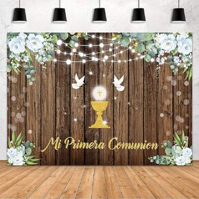 MEHOFOND 7x5ft Mi Primera Comunion Backdrop First Holy Communion Baptism Christening Party Decorations Rustic Wood God Bless Baby Shower Supplies Banner Photography Background Photo Booth Props
