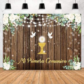 MEHOFOND 7x5ft Mi Primera Comunion Backdrop First Holy Communion Baptism Christening Party Decorations Rustic Wood God Bless Baby Shower Supplies Banner Photography Background Photo Booth Props in Kuwait