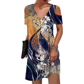 SAUKOLE Women’s Summer Dresses Casual Cold Shoulder Sleeve Dress V Neck Pleated Front Sundress with Button
