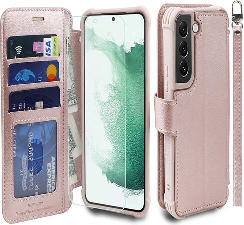 VANAVAGY Wallet Case Compatible for Galaxy S22 for Women and Men, RFID Flip Leather Cover with Wrist Supports Wireless Charging with Card Holder and Screen Protector,Rose Gold in Kuwait