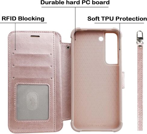 VANAVAGY Wallet Case Compatible for Galaxy S22 for Women and Men, RFID Flip Leather Cover with Wrist Supports Wireless Charging with Card Holder and Screen Protector,Rose Gold in Kuwait