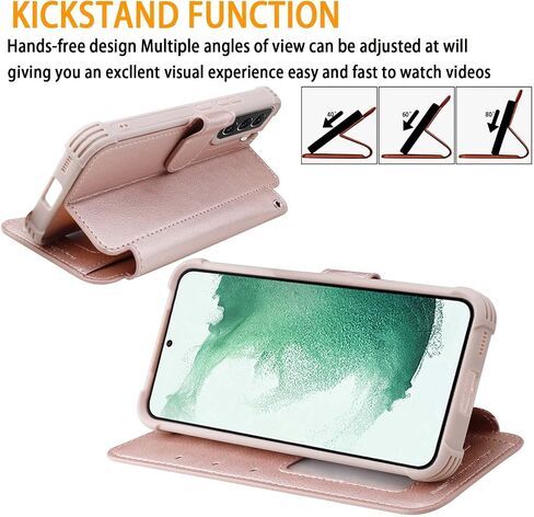 VANAVAGY Wallet Case Compatible for Galaxy S22 for Women and Men, RFID Flip Leather Cover with Wrist Supports Wireless Charging with Card Holder and Screen Protector,Rose Gold in Kuwait