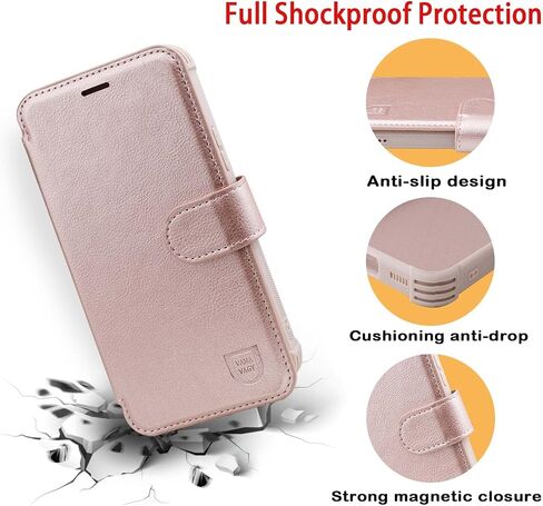 VANAVAGY Wallet Case Compatible for Galaxy S22 for Women and Men, RFID Flip Leather Cover with Wrist Supports Wireless Charging with Card Holder and Screen Protector,Rose Gold in Kuwait