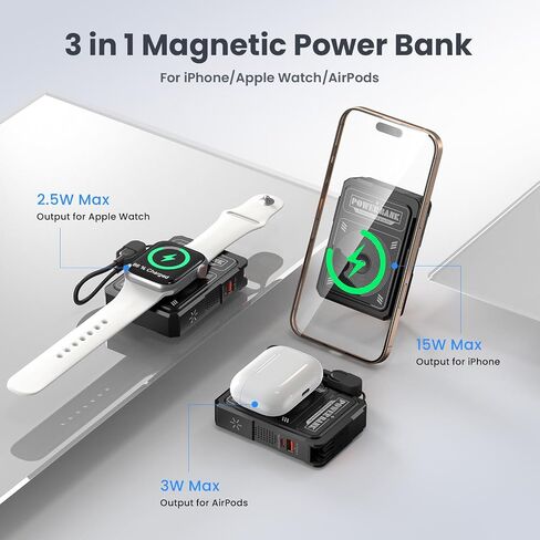for Magsafe Battery Pack 10000mAh,5-in-1 Magnetic Power Bank Built in AC Plug,Magnetic Wireless Portable Charger for Apple Watch,22.5W Fast Charging Power Bank for iPhone 16 Pro Max/15/14/13/12 Mini in Kuwait