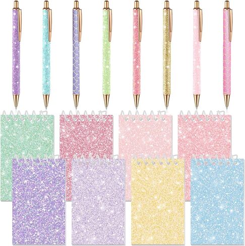 Sherr 16 Pcs Glitter Pens and Notebooks Glitter Pocket Notepad Mini Notebooks for Kids Fancy Pens for Women Pretty Cute Colorful Ballpoint Pens Spiral Notepads for Kids School Office Supplies in Kuwait