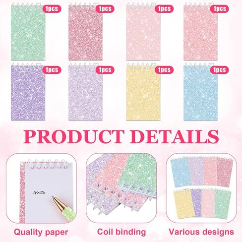Sherr 16 Pcs Glitter Pens and Notebooks Glitter Pocket Notepad Mini Notebooks for Kids Fancy Pens for Women Pretty Cute Colorful Ballpoint Pens Spiral Notepads for Kids School Office Supplies in Kuwait