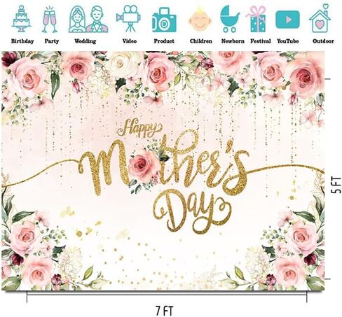 CYLYH 7x5ft Happy Mother's Day Backdrop Pink Flowers Golden Mother's Day Party Wall Decorations I Love Mom Gifts Photography Background Photo Booth Props in Saudi Arabia