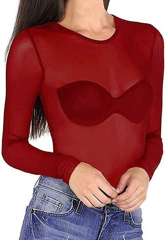 Mesh Tops for Women Long Sleeve Mock Neck Fitted Sexy Top Bodycon Clubwear Sheer Pure Mesh Tops T Shirts in Kuwait