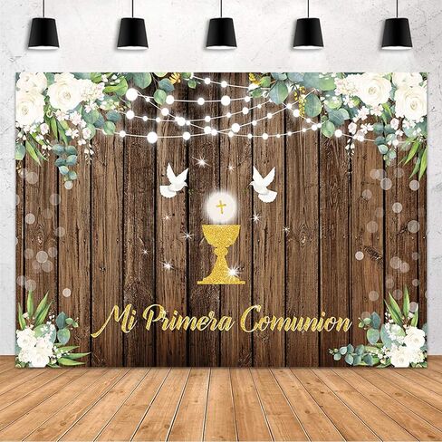 Mehofond 7x5ft mi primera comunion خلفية أولى بالتواصل المقدس المعمودية التعميد ديكورات الحزب ريفي الخشب الله يبارك لوازم استحمام الطفل لافتة التصوير الفوتوغرافي in Kuwait
