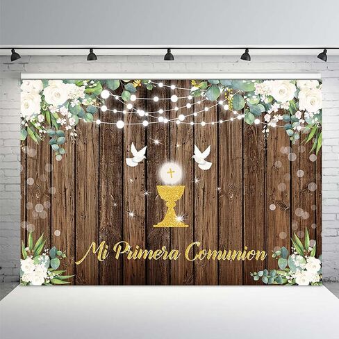 Mehofond 7x5ft mi primera comunion خلفية أولى بالتواصل المقدس المعمودية التعميد ديكورات الحزب ريفي الخشب الله يبارك لوازم استحمام الطفل لافتة التصوير الفوتوغرافي in Kuwait