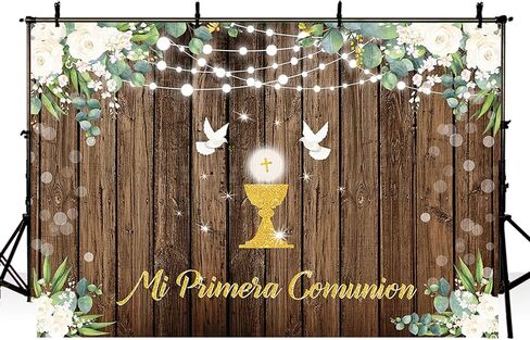 Mehofond 7x5ft mi primera comunion خلفية أولى بالتواصل المقدس المعمودية التعميد ديكورات الحزب ريفي الخشب الله يبارك لوازم استحمام الطفل لافتة التصوير الفوتوغرافي in Kuwait