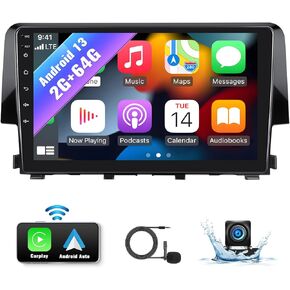 SIXWIN Android Car Stereo for Honda Civic 2016-2020 with Canbus and Harness Wireless CarPlay Android Auto Mirror Link 2G+64G 9 Inch Touchscreen Bluetooth GPS Navigation WiFi FM Backup Camera MIC