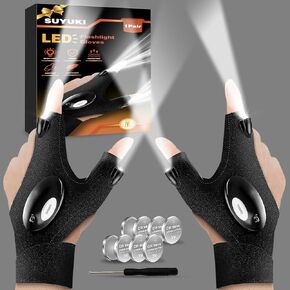SUYUKI LED Flashlight Gloves, Stocking Stuffers for Adults Him Fathers Day Gift Ideas for Men Birthday Christmas Gifts Cool Gadget Finger Lights for Fishing Camping Mechanic Car Guy Repairing
