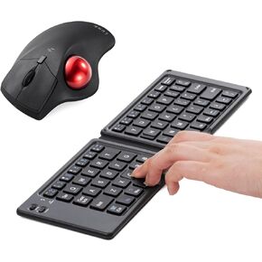 SANWA Foldable Bluetooth Keyboard and 2.4G Wireless Trackball Mouse Set, Rechargeable Portable Folding Keyboard, Programmable Silent Click Rollerball Mice, Compatible with Windows, Mac, Laptop, PC