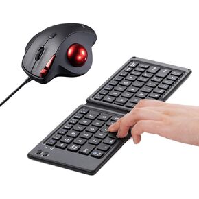 SANWA Foldable Keyboard and Programmable Trackball Mouse Set, Bluetooth Portable Folding Keyboard, Silent Wired Roller Ball Mice, 600/800/1200/1600 dpi, Compatible with Mac, Windows, Laptop, PC