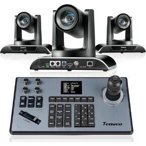 Tenveo PTZ Camera Bundle/Kits - 12X AI Auto Tracking SDI/HDMI/USB3.0/LAN(PoE) PTZ Camera(3pcs) and PTZ Controller PoE IP PTZ Joystick Controller Keyboard Package for Church Worship Live Streaming