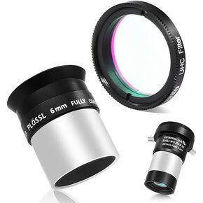 Astromania 1.25" 3X Short Focus Barlow Lens for Telescope Eyepiece - Bundle with - 1.25" 6mm Plossl Telescope Eyepiece&1.25" UHC Filter