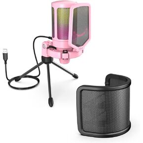 FIFINE USB Gaming PC Microphone with Pop Filter Set, Computer RGB Condenser Mic Bundle with Quick Mute, Gain Knob for Streaming Podcast, Mic Pop Screen with Metal Mesh Pack for Recording (A6P+U1)