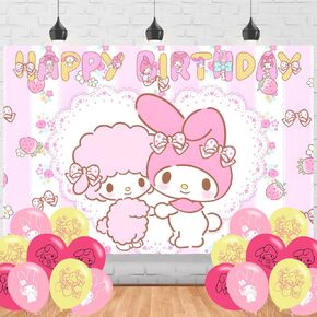 Cute Melodyy Birthday Party Backdrop, Cartoon My Pink Melodyy Birthday Party Decoration,Cartoon Birthday Banner Shoot Photo Backgrounds Props for Party 5x3ft