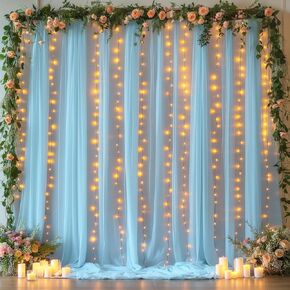 10x10ft White Tulle Backdrop Curtains with Lights String for Parties,Wrinkle Free Sheer Curtain with Lights Wedding Photo Backdop Drapes for Baby Shower Birthday Party Photography Home Decorations