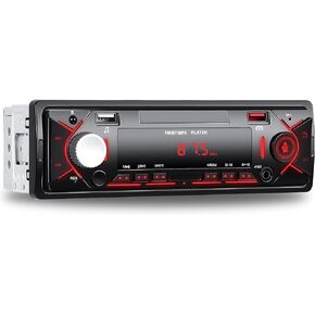 CAMECHO Bluetooth 5.0 Single DIN Car Stereo with Dual USB Inputs, FM Radio Digital Media Receiver, MP3 Player, Hands-Free Calling, 1 Din Car Radio, AUX Input, Red Color Illumination