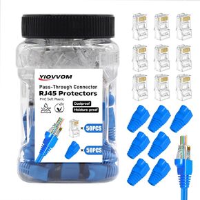 50pcs RJ45 Shielded Pass Through Connectors, 50PCS RJ45 Strain Relief Boots, Cat 6 Pass Through RJ45 Connectors for Solid or Stranded UTP Ethernet Cable 23-26AWG