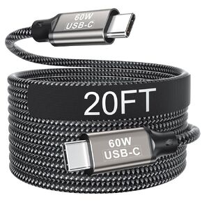 20FT USB C Cable 60W, Extra Long USB C to USB C Cable, Type C Charger Fast Charging Cord, Compatible with iPhone 16 15 Pro Max Plus, Samsung Galaxy, Pixel, iPad Pro/Air, MacBook Pro/Air