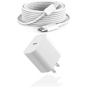 10ft Cable for Apple iPhone 16 15 Pro Max Charger Fast Charging iPad AirPods 4 (USB-C), 20w Type C Blcok 10-ft Long USB C to C Cord White 1Pack