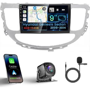 Android 13 Car Stereo for Hyundai Genesis Sedan 2009-2014 4G RAM+64G ROM, 9 Inch IPS Touch Screen Car Radio with Wireless Carplay/Android Auto,GPS, WiFi, Bluetooth, Support OBD2/DVR/DSP