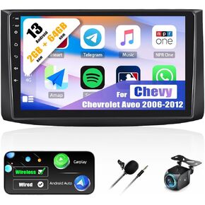 2+64G Car Radio for Chevy Chevrolet Aveo 2006-2012 with Wireless Carplay Android Auto,9" Touchscreen Android 13 Car Stereo with Mirror Link WiFi/GPS Navigation Bluetooth FM/RDS SWC+AHD Rear Camera