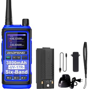 BAOFENG UV-17R 5W Ham Radio Six-Band UV&Amateur USB-C Charger 999 Channels FM Two Way Radio Long Range 3800mAh Enlarge Battery IP54 LCD for Adult Blue with Type-c Cable