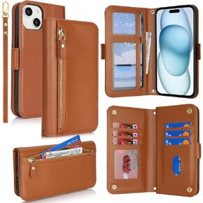 for iPhone 15 Wallet Case with Card Holder,for iPhone 15 Case Wallet for Women Men with Stand,PU Leather Magnetic Zipper Pocket Wrist Strap Flip Phone Case-Rose Gold