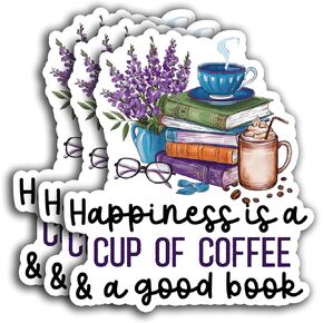 (3PCs) Happiness is A Cup of Coffee and A Good Book Sticker, Book Coffee Lovers Stickers, Bookish Sticker Vinyl Sticker Decals for Books Laptops Phone Water Bottles Tumbler Cup Kindle 3x2.2 Inch