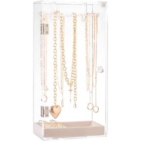 Acrylic Jewelry Holder Organizer Box with Velvet Tray, Rotating Necklace and Earring Display Stand, 24 Hooks Clear Storage Rack for Bracelets, Rings, and Long Necklaces