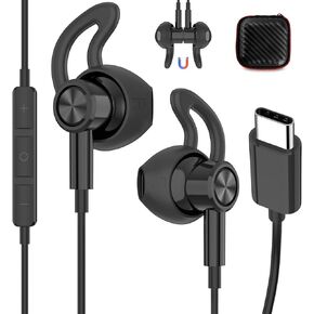 iMangoo Wired Headphones USB C for Apple iPhone 15 16 with Anti-Fall Ear Buds Tips Microphone Type C Earphone Corded Earbud Home Office Meeting Call Gym Workout Travel for Samsung S25 S24 Ultra Black