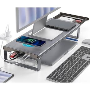 6-in-1 Docking Station Monitor Stand Riser with Wireless Charging - Aluminum Alloy Studio Desk Shelf for Large Monitors/Laptops, 4K HDMI/USB3.0/PD100W - Grey