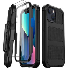 for iPhone 13 Case with 2X Screen Protector + [Kickstand & Belt Clip Holster], Military-Grade Drop Protection Bumper Heavy Duty Dustproof Shockproof Phone Case for iPhone 13 6.1" (Turquoise)