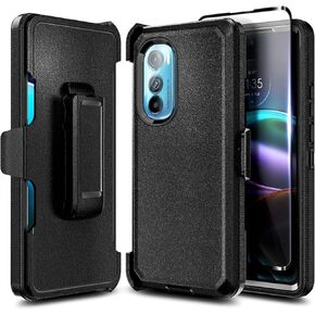 NZND Designed for Motorola Edge 2022 Phone Case (2022 Version Only, Not Fit Plus) with Tempered Glass Screen Protector, Belt Clip Holster, Full-Body Protective Heavy Duty Shockproof Armor Case (Black)