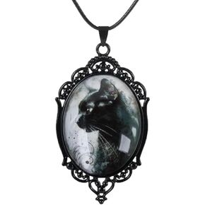 Goth Black Cat Cameo Necklace Set Vintage Gothic Black Cat Pendant Halloween Witch Costume Accessories Women Girls Chocker Jewelry Gift