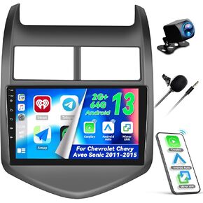 CAMECHO 2+64G Android 13 Car Radio for Chevrolet Chevy Aveo Sonic 2011-2015, Wireless Carplay/Android Auto 9" IPS Touch Screen Car Stereo with Bluetooth/GPS Navi/WiFi +AHD Backup Camera+MIC