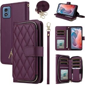 حافظة محفظة Argyle لهاتف Motorola G Play 5G 2024 مع حزام معصم وحزام كتف 9+ فتحة للبطاقات ومحفظة بسحاب فاخر من جلد البولي يوريثان غطاء هاتف خلوي لهاتف Moto G Play 5G 2024 للنساء والفتيات باللون الأرجواني العميق
