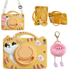3D Cute Press Duck Case for iPad 10th Generation (2022) 10.9 inch/iPad (A16) 11th 2025 11 inch,Cartoon Character Duck Soft Silicone Rotating Stand Case with Lanyard for Kids Teens Girls Women