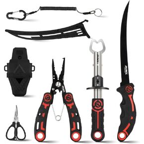 RUNCL 4pc Fishing Tool Kit- Fishing Pliers, Fish Fillet Knife with Sharpener, Fish Lip Gripper, Fishing Braid Scissors, Saltwater Fishing Gear and Equipment with Sheath/Lanyard, Fishing Gifts for Men