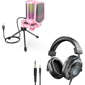 FIFINE USB Gaming PC Microphone, Over-Ear 3.5mm/6.35mm Headphones, RGB Computer Condenser Desktop Mic with Quick Mute, Mic Gain, Monitoring Wired Headphones on PS4/PS5, for YouTube Video-Pink (A6P+H8)