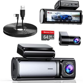 Bundle: A4 Dual Dash and Type C Power Cable, Free 64GB Card, Type C Charging Cable for A4 Dash Cam, USB 2.0 A-Male to Type C Car Vehicle Power Charger Adapter Cord for Dash Cam Rearview Mirror C
