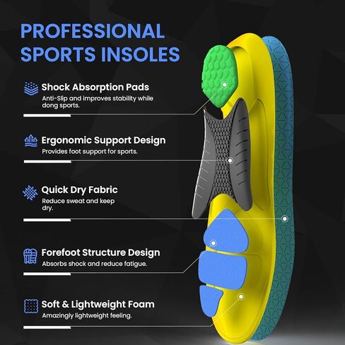 Running Sports Insoles Plantar Fasciitis - Welnove Athletic Inserts Arch Support for Flat Feet - Shock Absorption Insoles Foot Pain Fatigue Relief, Enhance Performance, Fit Most Shoes, Men Women (XL) in Kuwait