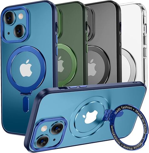 MAGIC JOHN for iPhone 13 Case/iPhone 14 Case(6.1 inch) [Compatible with Magsafe] [with Magnetic Metal Stand][Military Grade Shockproof][Anti Yellowing],Translucent Matte Back with Soft Edge,Blue in Saudi Arabia