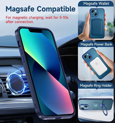 MAGIC JOHN for iPhone 13 Case/iPhone 14 Case(6.1 inch) [Compatible with Magsafe] [with Magnetic Metal Stand][Military Grade Shockproof][Anti Yellowing],Translucent Matte Back with Soft Edge,Blue in Saudi Arabia